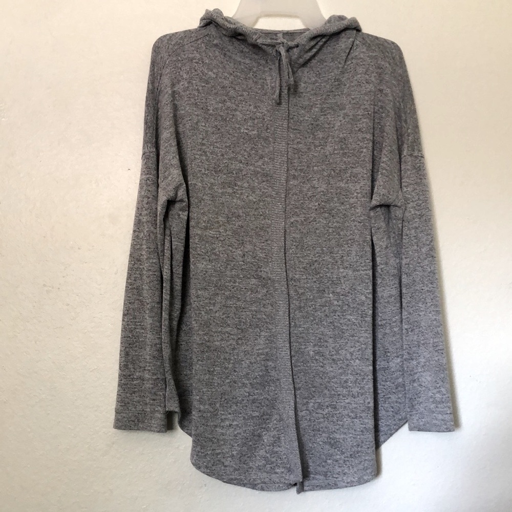 Woman’s draped, hooded sweater. Open front. Light grey. M, Sonoma.
